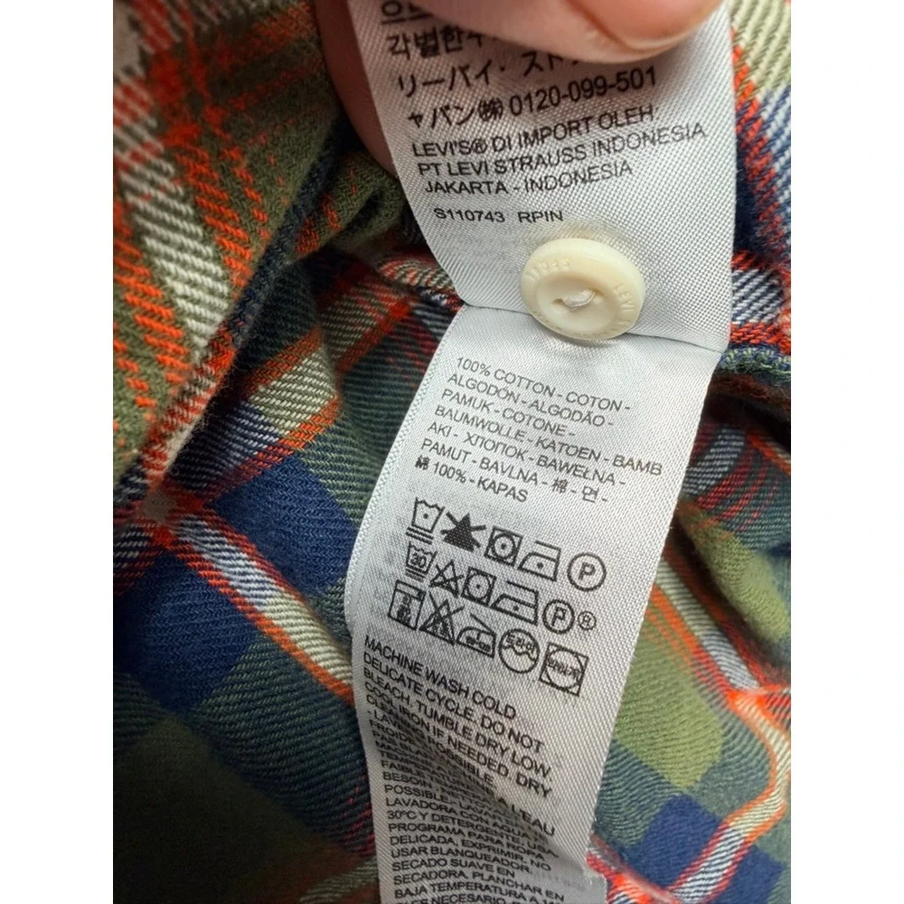 Levis Relaxed Fit Flannel Shirt Mens Large Green Orange Plaid Long Sleeve Cotton